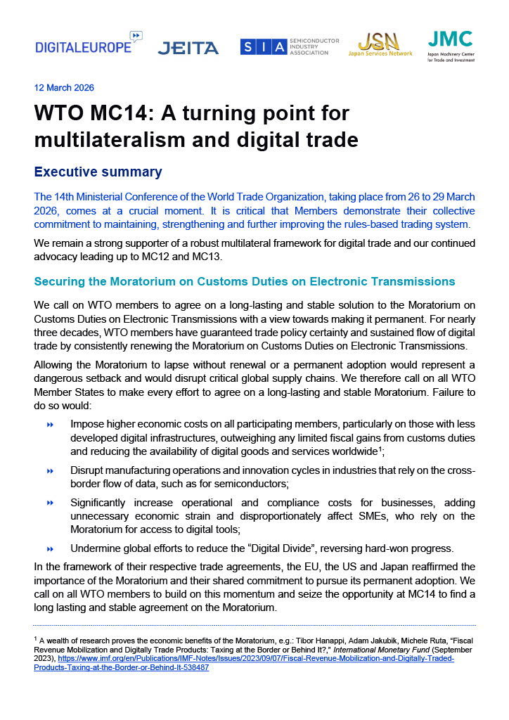 Digital industry associations released a joint statement ahead of the 14th WTO Ministerial Conference.