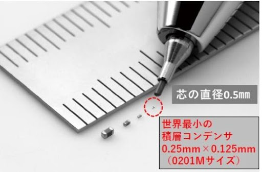 芯の直径0.5mm　世界最小の積層コンデンサ 0.25mm×0.125mm（0201Mサイズ）